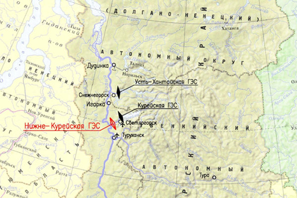 Схема расположения Нижне-Курейской ГЭС